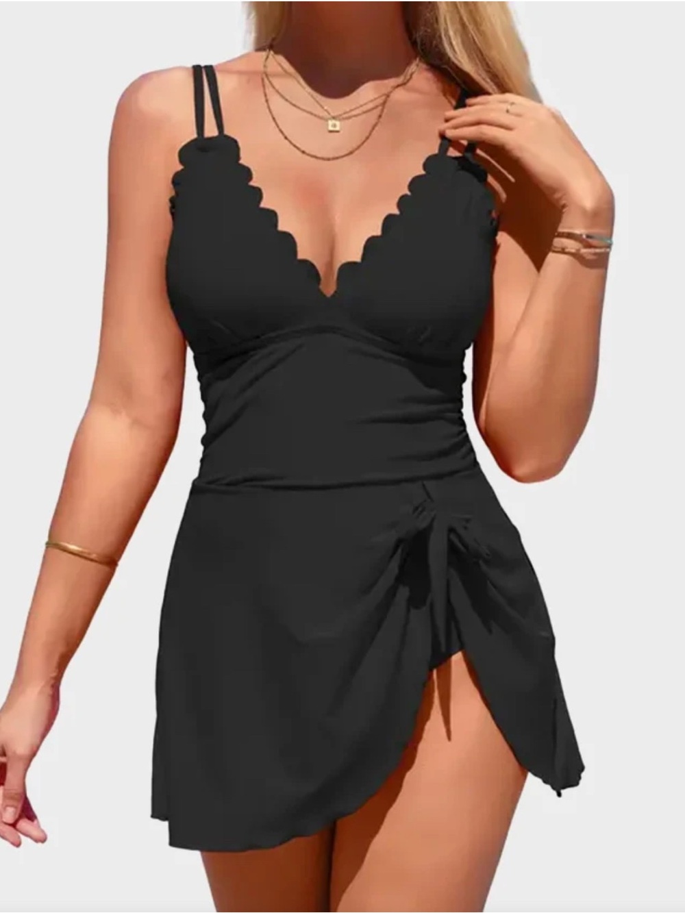 Scalloped V-Neck Black One-Piece Swimdress with Side Tie